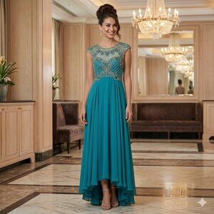 Vtg Evening Gown Dress 8 Turquoise Maxi Sequin Bead Regency Prom Formal Princess